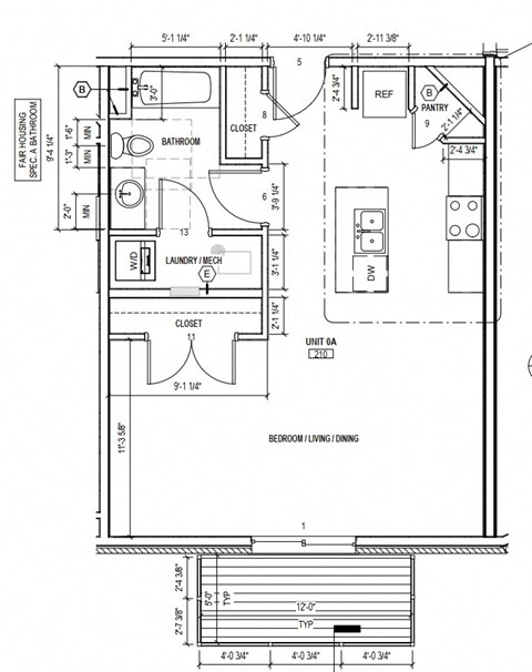Floor plan for studio, 1 bath, 622 sqft